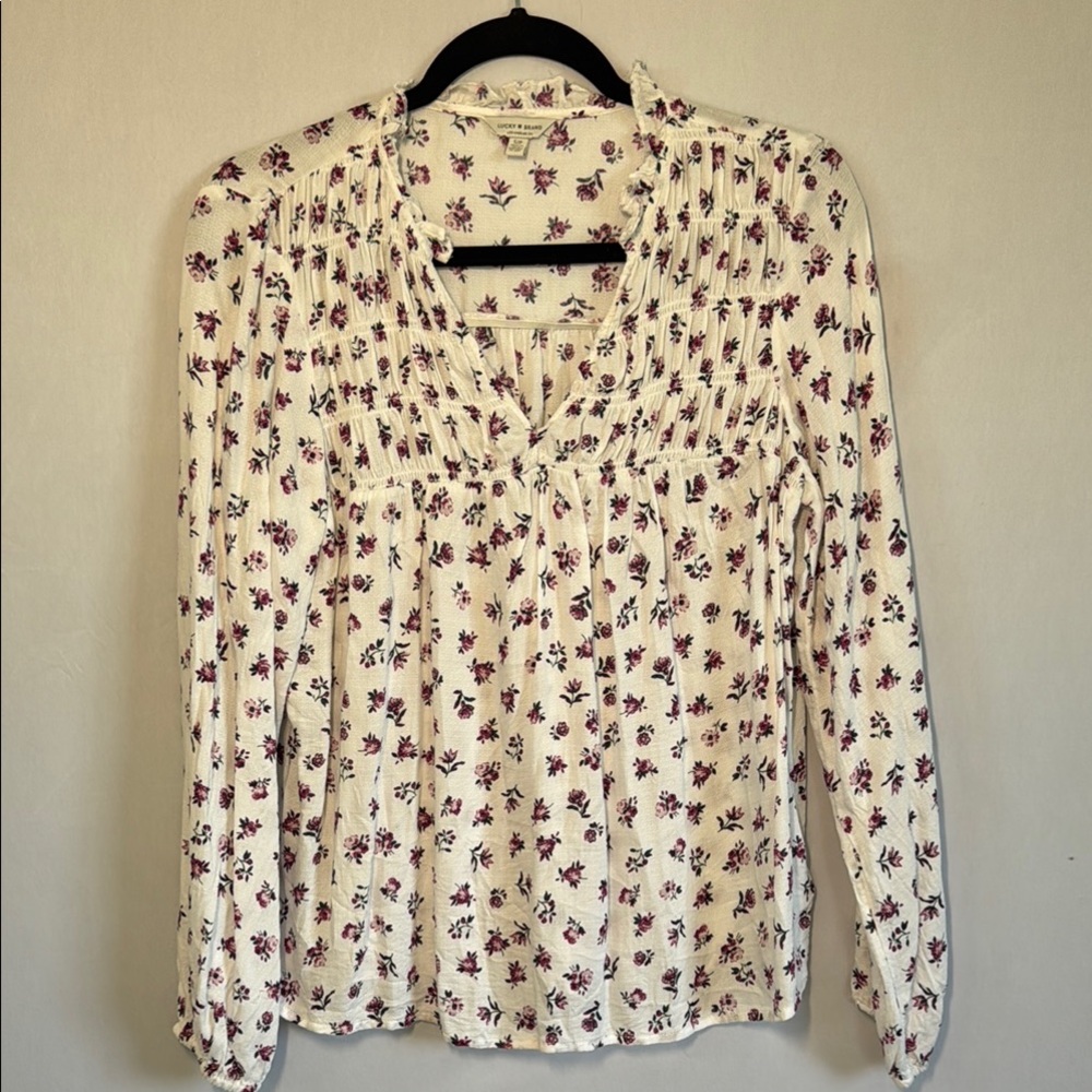 Lucky Brand White and Pink Ruched Long Sleeve Blouse